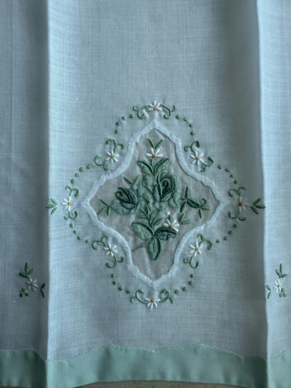 Vintage 1980’s Hand Embroidered White Linen Dinner Napkins  Green Floral Motif